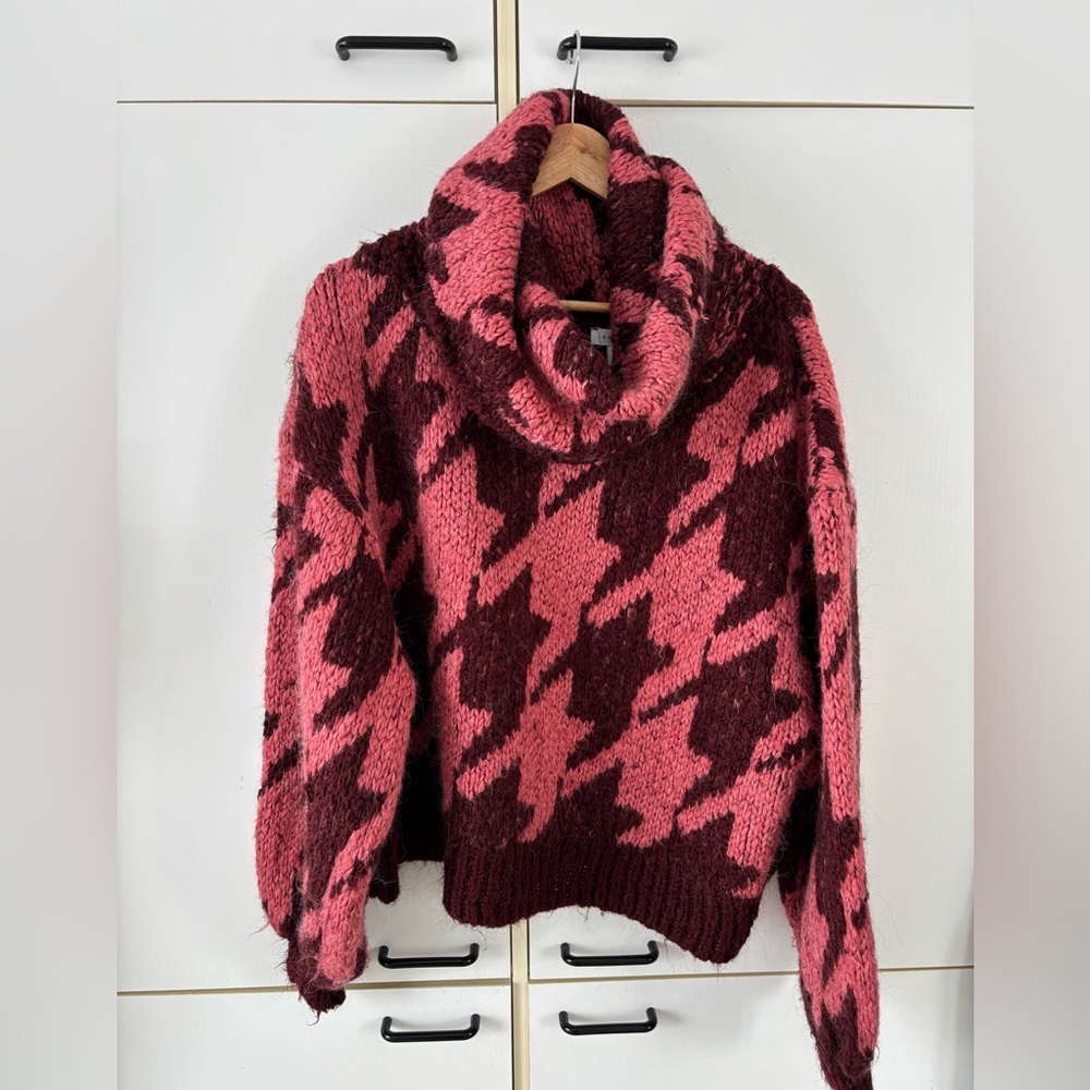 Topshop Houndstooth Cowl Neck Sweater Pink Burgundy Women’s Large Puff Sleeves - Picture 2 of 12